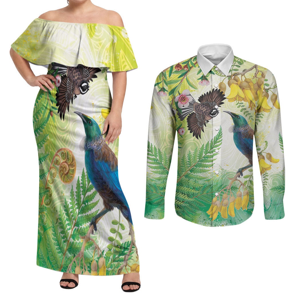 New Zealand Maori Mahuru Couples Matching Off Shoulder Maxi Dress and Long Sleeve Button Shirt Tui With Pikawakawa Spring Colors