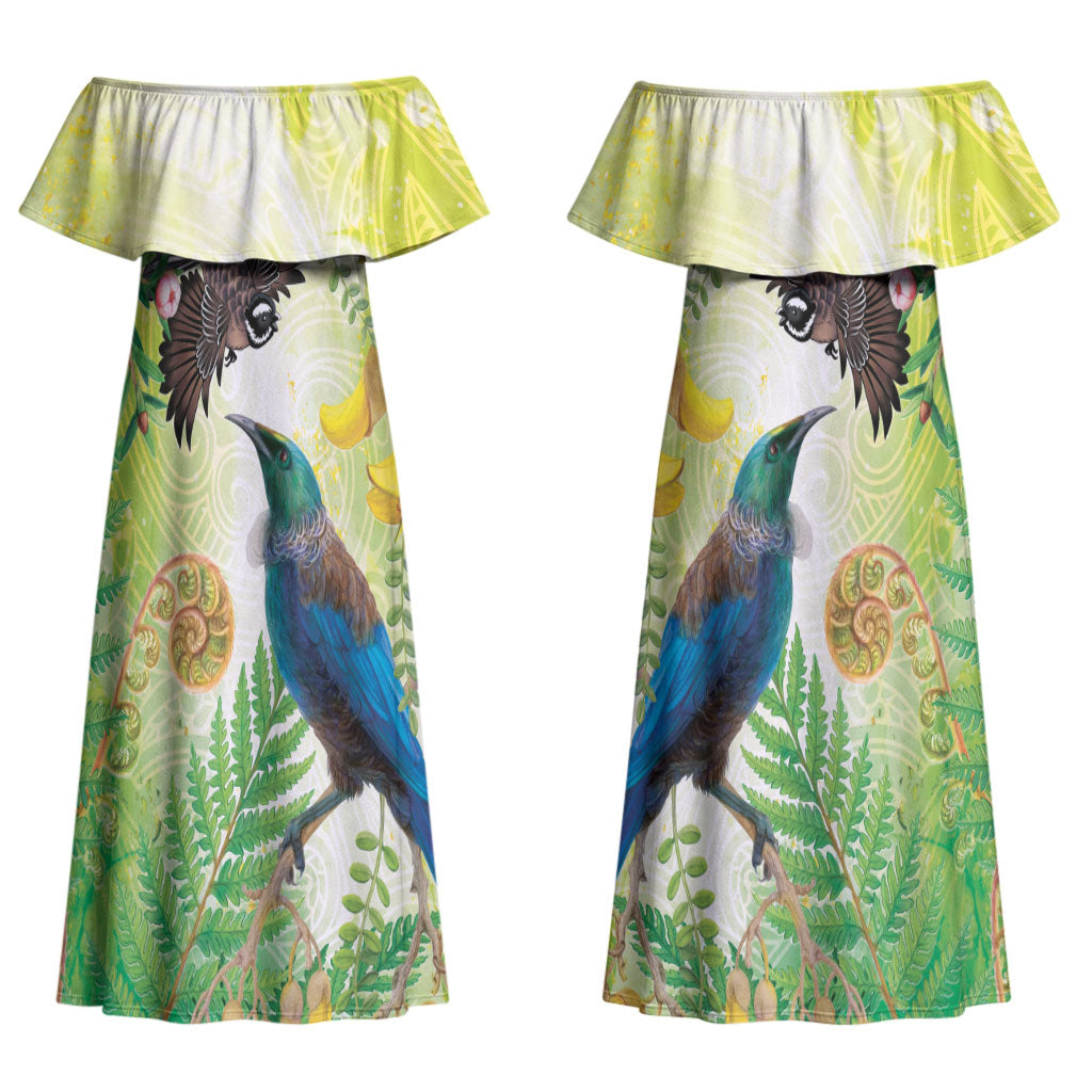 New Zealand Maori Mahuru Couples Matching Off Shoulder Maxi Dress and Long Sleeve Button Shirt Tui With Pikawakawa Spring Colors