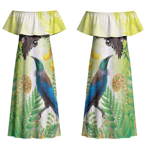 New Zealand Maori Mahuru Couples Matching Off Shoulder Maxi Dress and Long Sleeve Button Shirt Tui With Pikawakawa Spring Colors