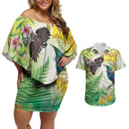 New Zealand Maori Mahuru Couples Matching Off Shoulder Short Dress and Hawaiian Shirt Tui With Pikawakawa Spring Colors