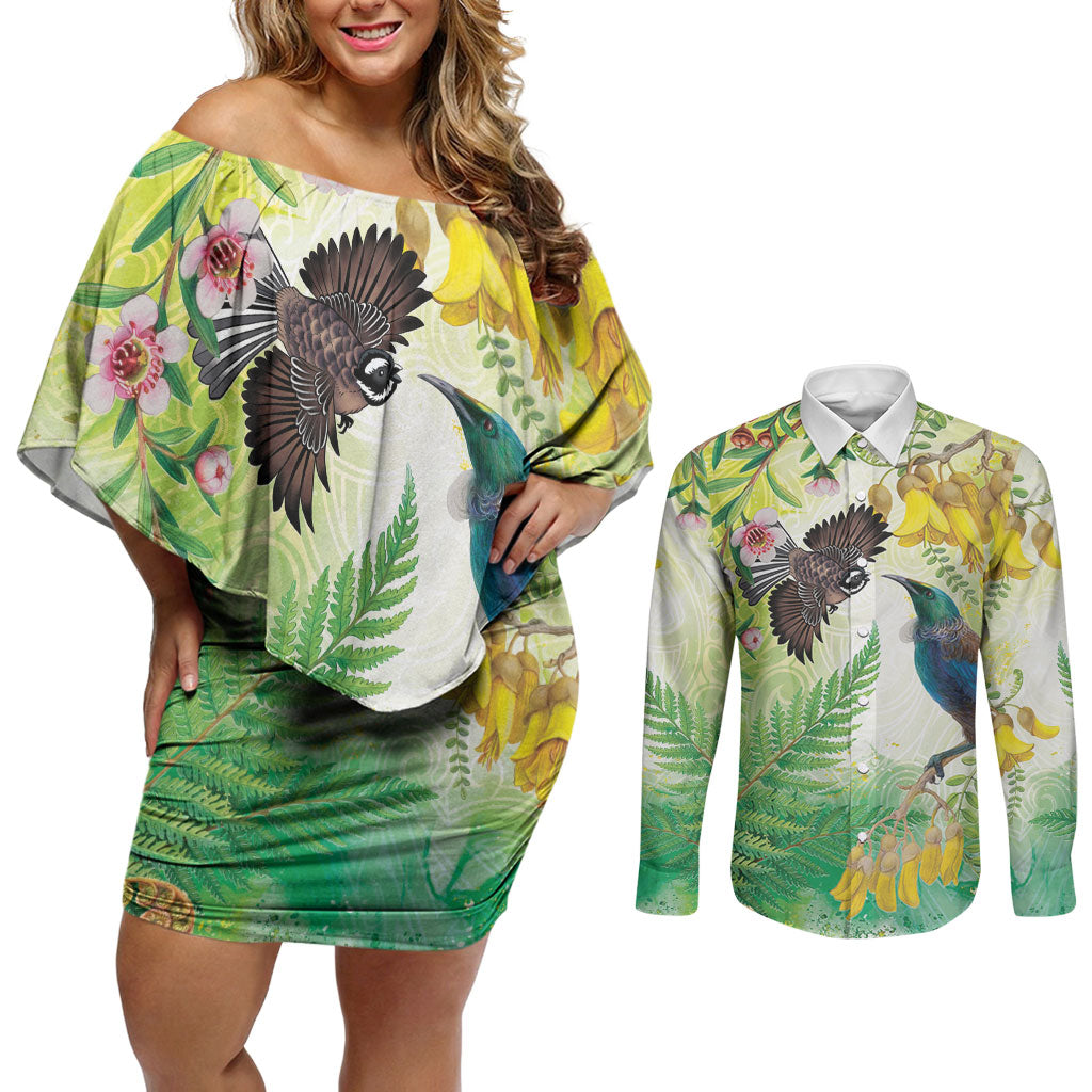 New Zealand Maori Mahuru Couples Matching Off Shoulder Short Dress and Long Sleeve Button Shirt Tui With Pikawakawa Spring Colors