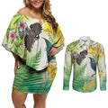 New Zealand Maori Mahuru Couples Matching Off Shoulder Short Dress and Long Sleeve Button Shirt Tui With Pikawakawa Spring Colors