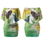 New Zealand Maori Mahuru Couples Matching Off Shoulder Short Dress and Long Sleeve Button Shirt Tui With Pikawakawa Spring Colors