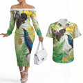 New Zealand Maori Mahuru Couples Matching Off The Shoulder Long Sleeve Dress and Hawaiian Shirt Tui With Pikawakawa Spring Colors
