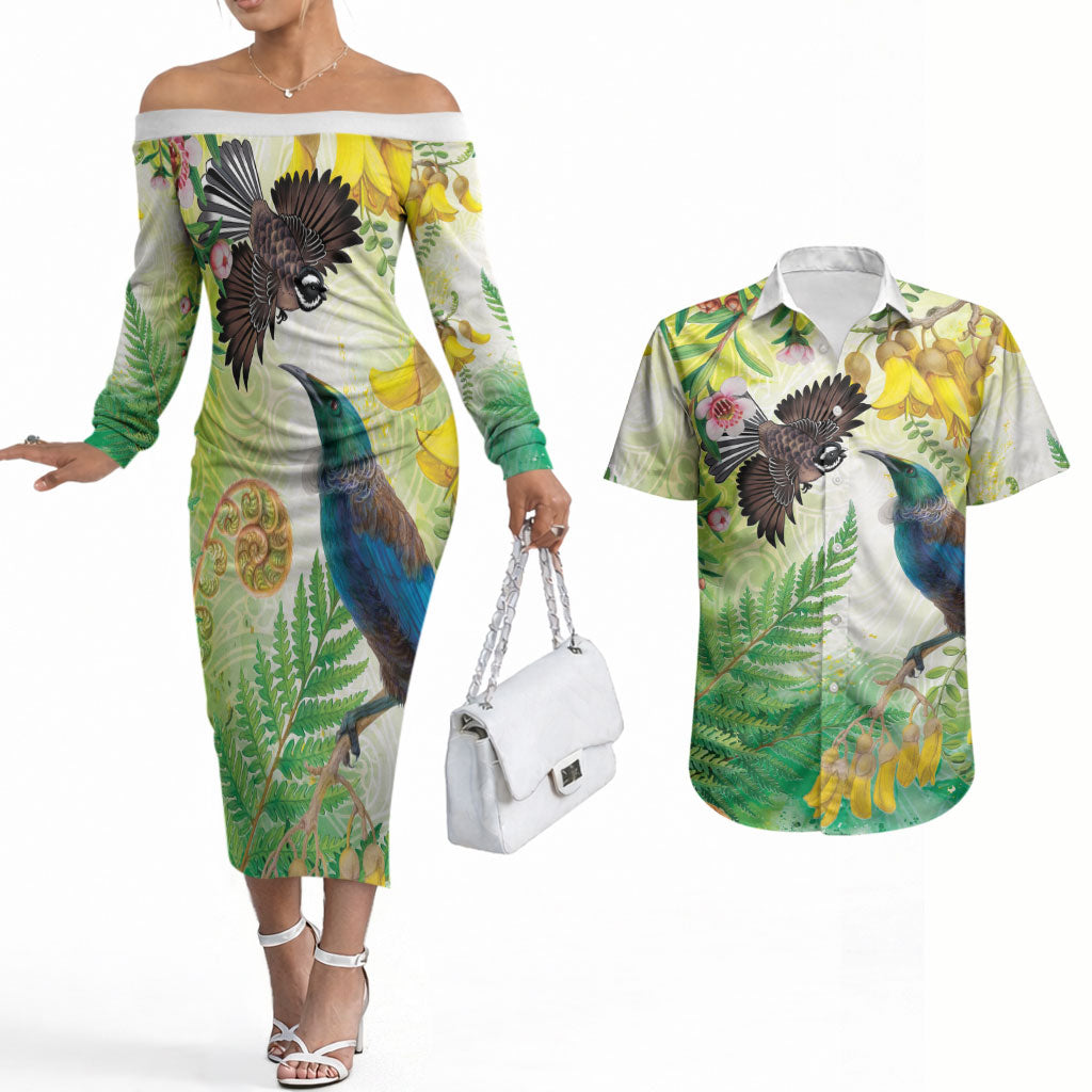 New Zealand Maori Mahuru Couples Matching Off The Shoulder Long Sleeve Dress and Hawaiian Shirt Tui With Pikawakawa Spring Colors