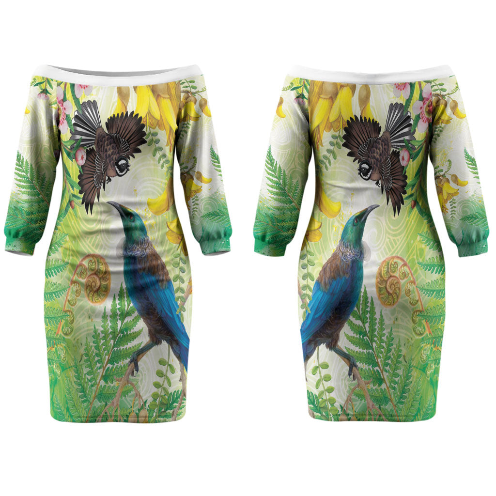 New Zealand Maori Mahuru Couples Matching Off The Shoulder Long Sleeve Dress and Hawaiian Shirt Tui With Pikawakawa Spring Colors