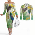 New Zealand Maori Mahuru Couples Matching Off The Shoulder Long Sleeve Dress and Long Sleeve Button Shirt Tui With Pikawakawa Spring Colors