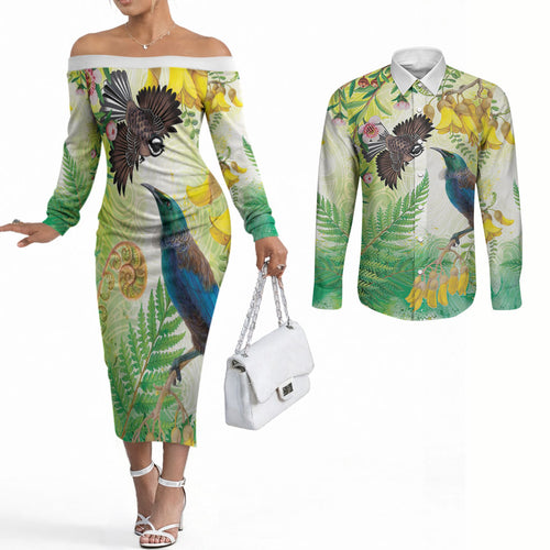 New Zealand Maori Mahuru Couples Matching Off The Shoulder Long Sleeve Dress and Long Sleeve Button Shirt Tui With Pikawakawa Spring Colors