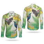 New Zealand Maori Mahuru Couples Matching Off The Shoulder Long Sleeve Dress and Long Sleeve Button Shirt Tui With Pikawakawa Spring Colors