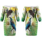 New Zealand Maori Mahuru Couples Matching Off The Shoulder Long Sleeve Dress and Long Sleeve Button Shirt Tui With Pikawakawa Spring Colors