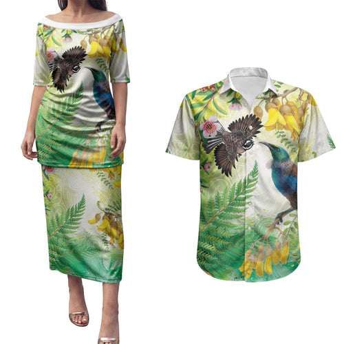 New Zealand Maori Mahuru Couples Matching Puletasi and Hawaiian Shirt Tui With Pikawakawa Spring Colors