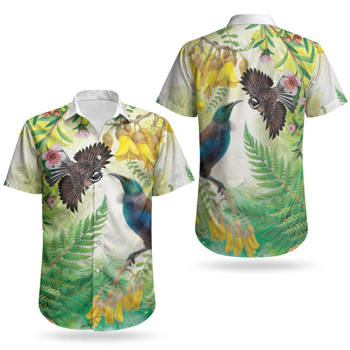 New Zealand Maori Mahuru Couples Matching Puletasi and Hawaiian Shirt Tui With Pikawakawa Spring Colors