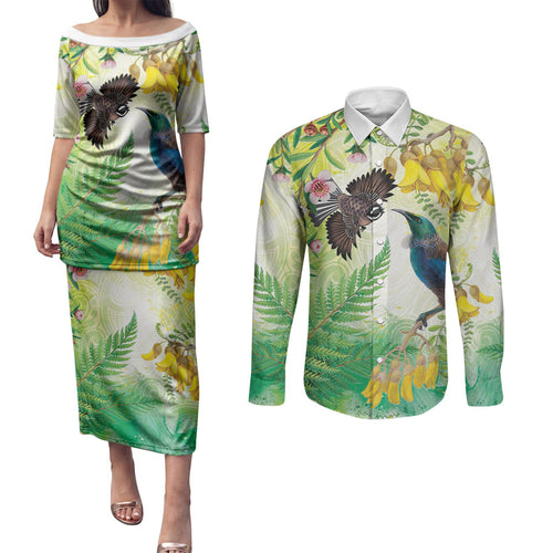 New Zealand Maori Mahuru Couples Matching Puletasi and Long Sleeve Button Shirt Tui With Pikawakawa Spring Colors