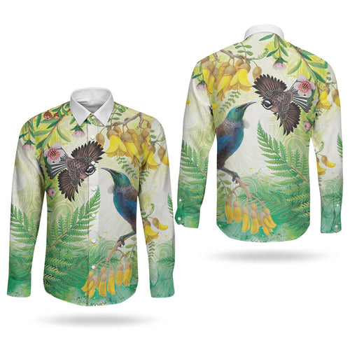 New Zealand Maori Mahuru Couples Matching Puletasi and Long Sleeve Button Shirt Tui With Pikawakawa Spring Colors