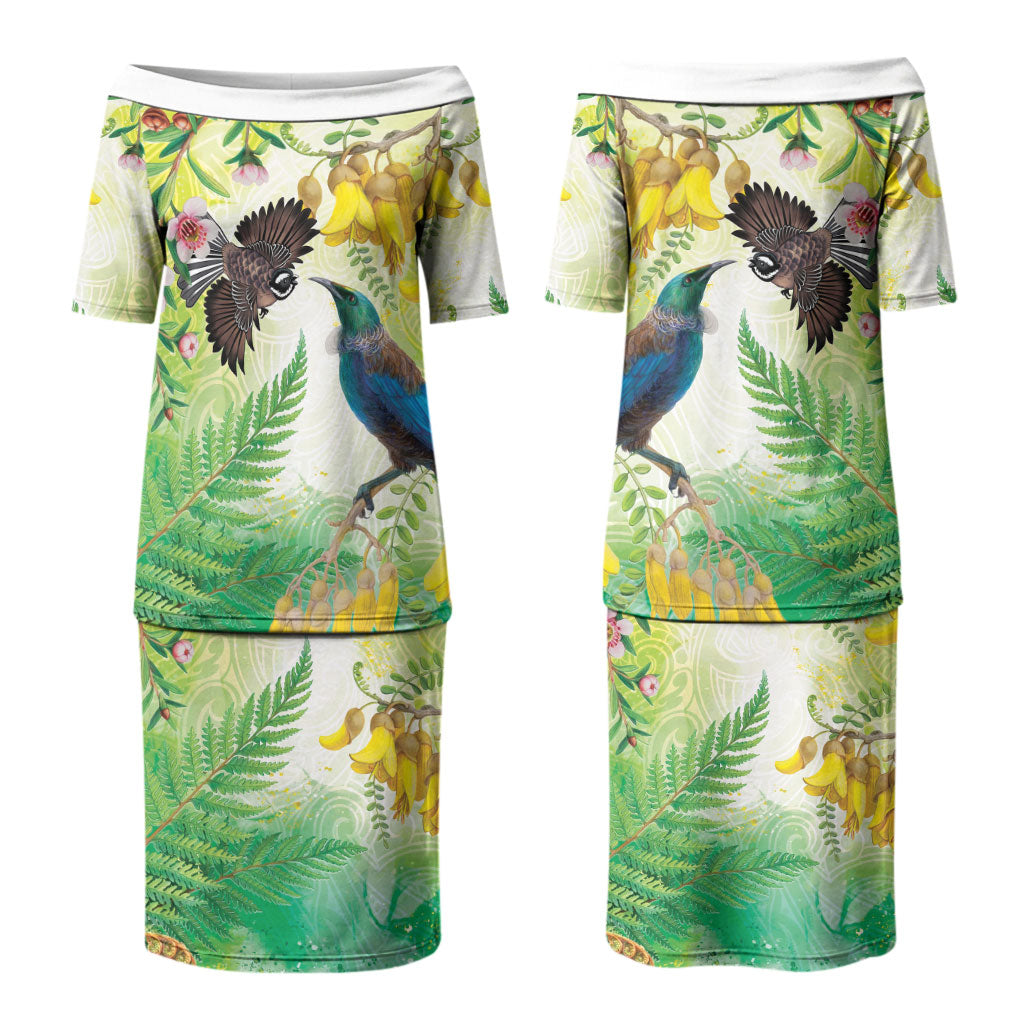 New Zealand Maori Mahuru Couples Matching Puletasi and Long Sleeve Button Shirt Tui With Pikawakawa Spring Colors