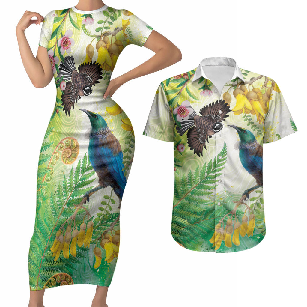 New Zealand Maori Mahuru Couples Matching Short Sleeve Bodycon Dress and Hawaiian Shirt Tui With Pikawakawa Spring Colors