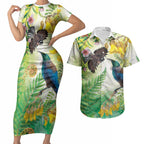 New Zealand Maori Mahuru Couples Matching Short Sleeve Bodycon Dress and Hawaiian Shirt Tui With Pikawakawa Spring Colors