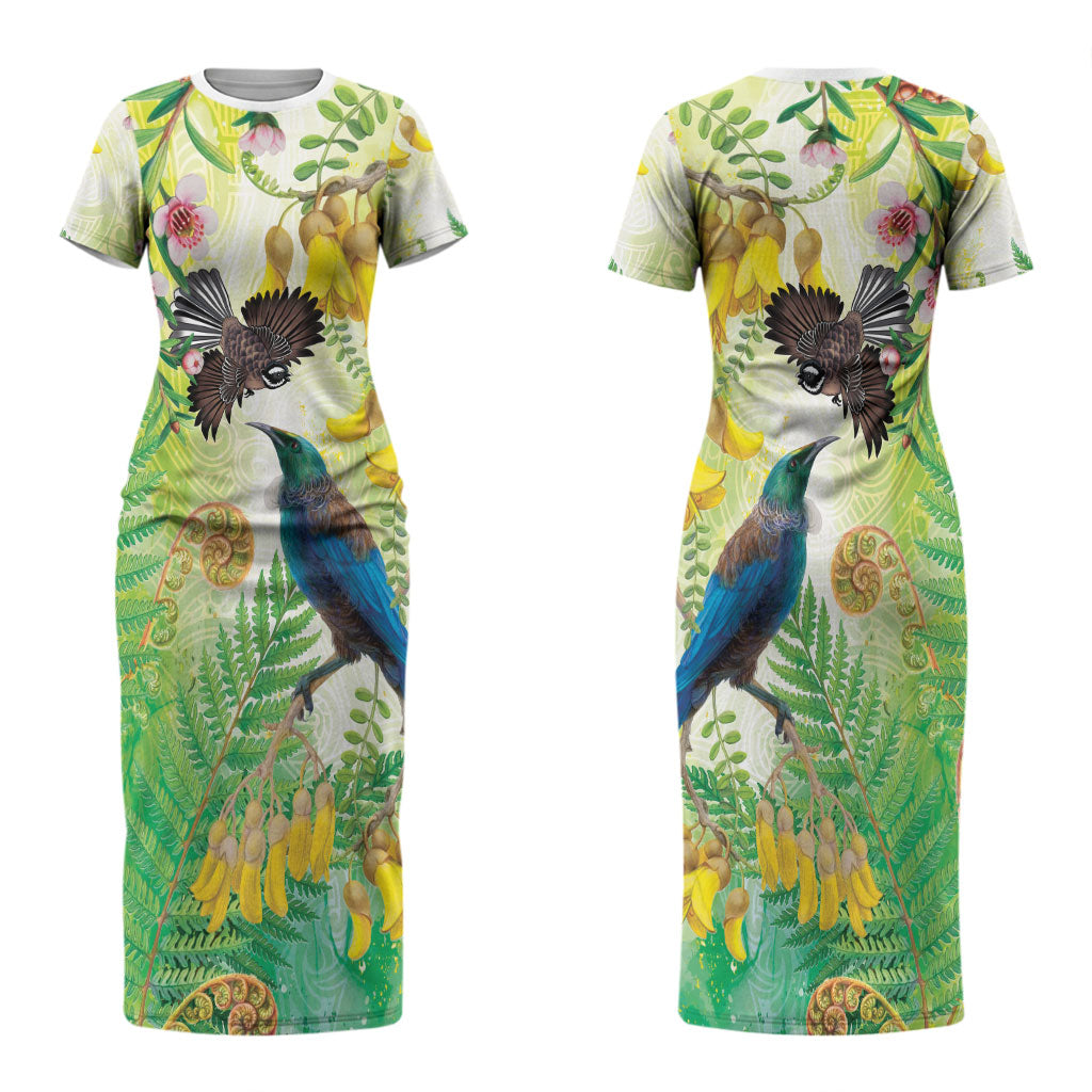 New Zealand Maori Mahuru Couples Matching Short Sleeve Bodycon Dress and Hawaiian Shirt Tui With Pikawakawa Spring Colors