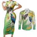 New Zealand Maori Mahuru Couples Matching Short Sleeve Bodycon Dress and Long Sleeve Button Shirt Tui With Pikawakawa Spring Colors
