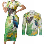 New Zealand Maori Mahuru Couples Matching Short Sleeve Bodycon Dress and Long Sleeve Button Shirt Tui With Pikawakawa Spring Colors