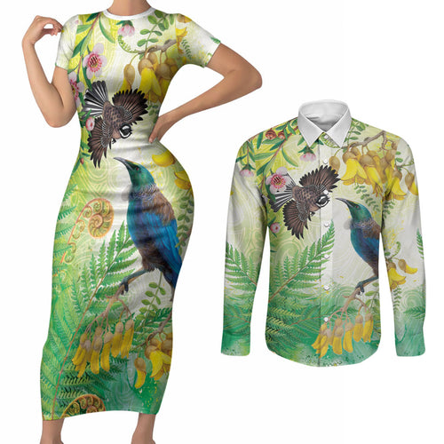 New Zealand Maori Mahuru Couples Matching Short Sleeve Bodycon Dress and Long Sleeve Button Shirt Tui With Pikawakawa Spring Colors