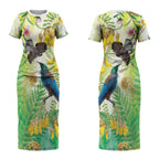 New Zealand Maori Mahuru Couples Matching Short Sleeve Bodycon Dress and Long Sleeve Button Shirt Tui With Pikawakawa Spring Colors