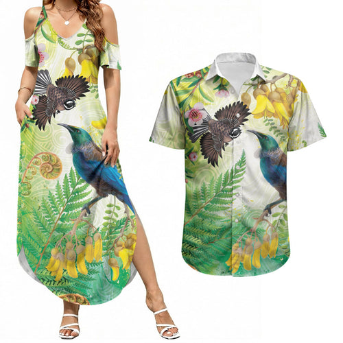 New Zealand Maori Mahuru Couples Matching Summer Maxi Dress and Hawaiian Shirt Tui With Pikawakawa Spring Colors
