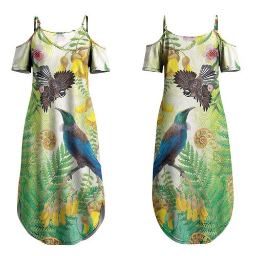 New Zealand Maori Mahuru Couples Matching Summer Maxi Dress and Hawaiian Shirt Tui With Pikawakawa Spring Colors