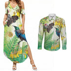 New Zealand Maori Mahuru Couples Matching Summer Maxi Dress and Long Sleeve Button Shirt Tui With Pikawakawa Spring Colors
