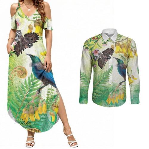 New Zealand Maori Mahuru Couples Matching Summer Maxi Dress and Long Sleeve Button Shirt Tui With Pikawakawa Spring Colors