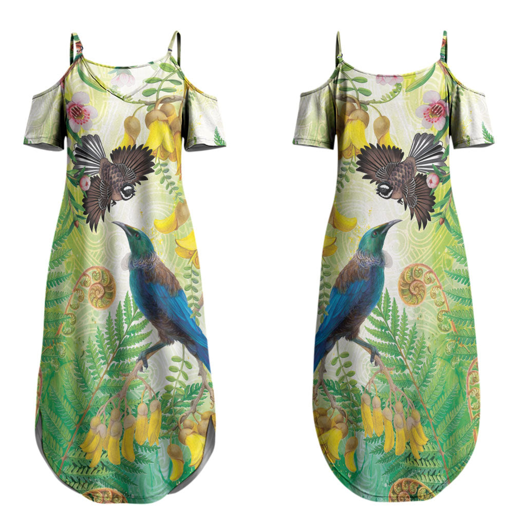 New Zealand Maori Mahuru Couples Matching Summer Maxi Dress and Long Sleeve Button Shirt Tui With Pikawakawa Spring Colors