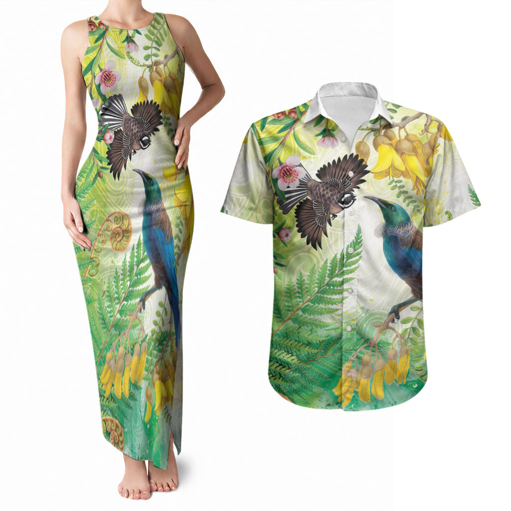 New Zealand Maori Mahuru Couples Matching Tank Maxi Dress and Hawaiian Shirt Tui With Pikawakawa Spring Colors