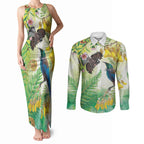 New Zealand Maori Mahuru Couples Matching Tank Maxi Dress and Long Sleeve Button Shirt Tui With Pikawakawa Spring Colors