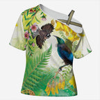 New Zealand Maori Mahuru Cross Shoulder Shirt Tui With Pikawakawa Spring Colors
