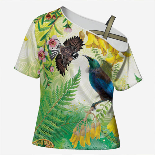 New Zealand Maori Mahuru Cross Shoulder Shirt Tui With Pikawakawa Spring Colors