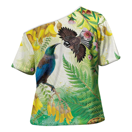 New Zealand Maori Mahuru Cross Shoulder Shirt Tui With Pikawakawa Spring Colors