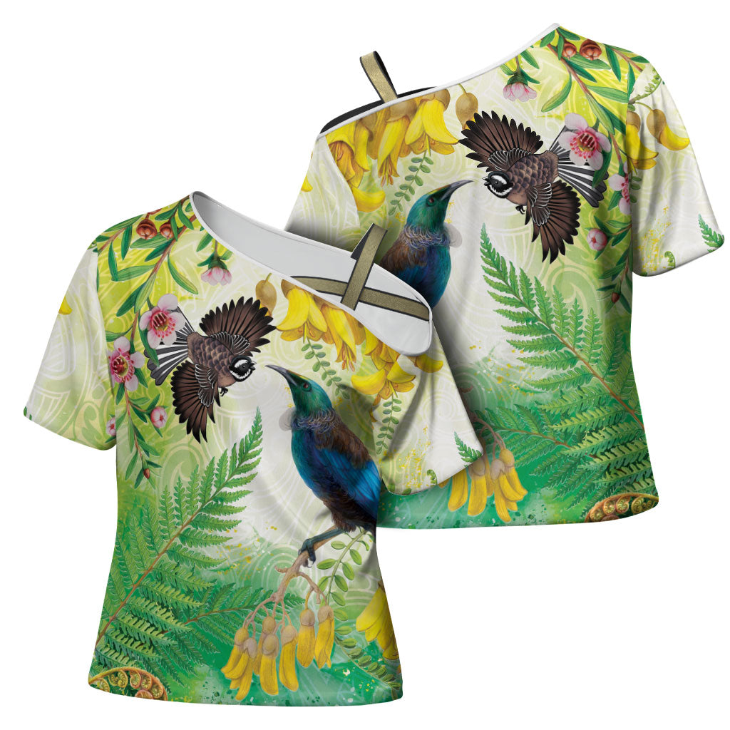 New Zealand Maori Mahuru Cross Shoulder Shirt Tui With Pikawakawa Spring Colors