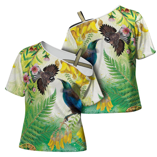 New Zealand Maori Mahuru Cross Shoulder Shirt Tui With Pikawakawa Spring Colors