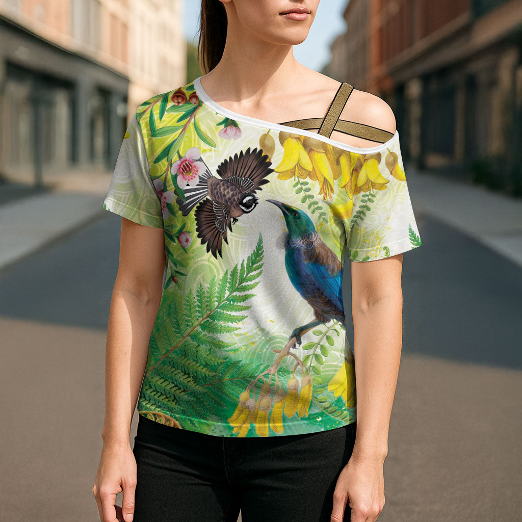 New Zealand Maori Mahuru Cross Shoulder Shirt Tui With Pikawakawa Spring Colors