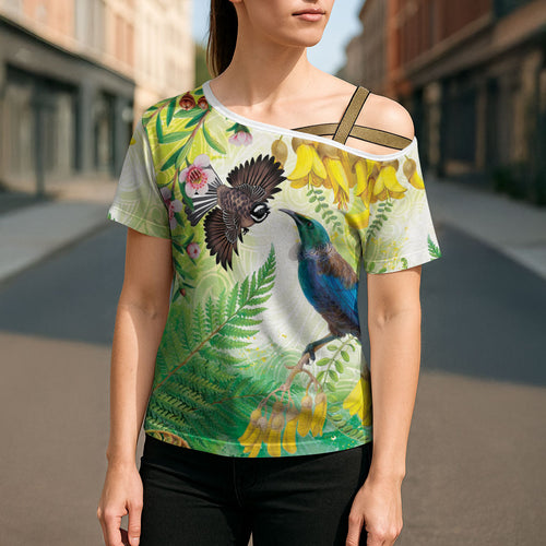 New Zealand Maori Mahuru Cross Shoulder Shirt Tui With Pikawakawa Spring Colors