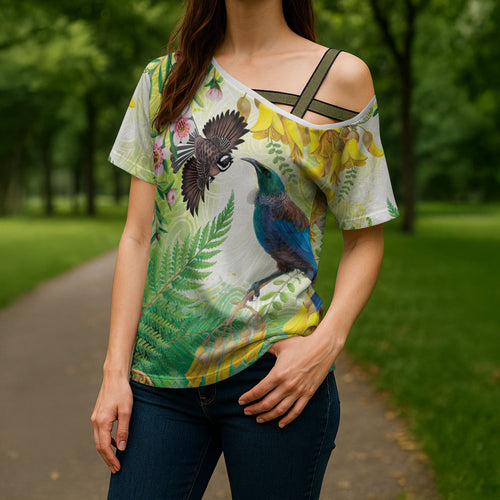 New Zealand Maori Mahuru Cross Shoulder Shirt Tui With Pikawakawa Spring Colors