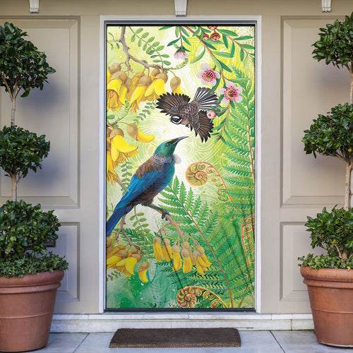 New Zealand Maori Mahuru Door Cover Tui With Pikawakawa Spring Colors