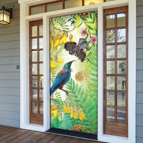 New Zealand Maori Mahuru Door Cover Tui With Pikawakawa Spring Colors
