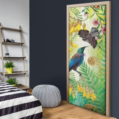 New Zealand Maori Mahuru Door Cover Tui With Pikawakawa Spring Colors