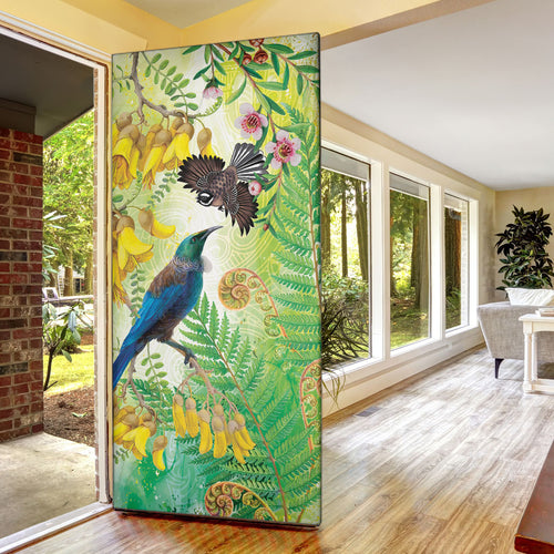 New Zealand Maori Mahuru Door Cover Tui With Pikawakawa Spring Colors
