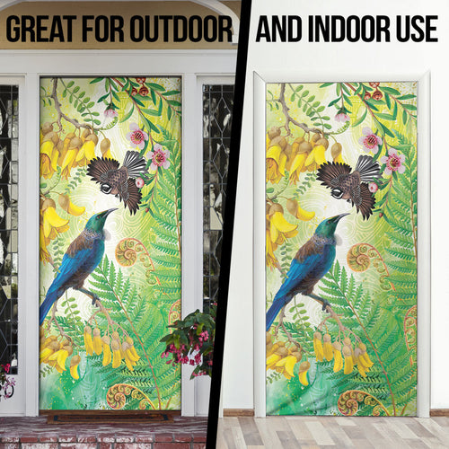 New Zealand Maori Mahuru Door Cover Tui With Pikawakawa Spring Colors