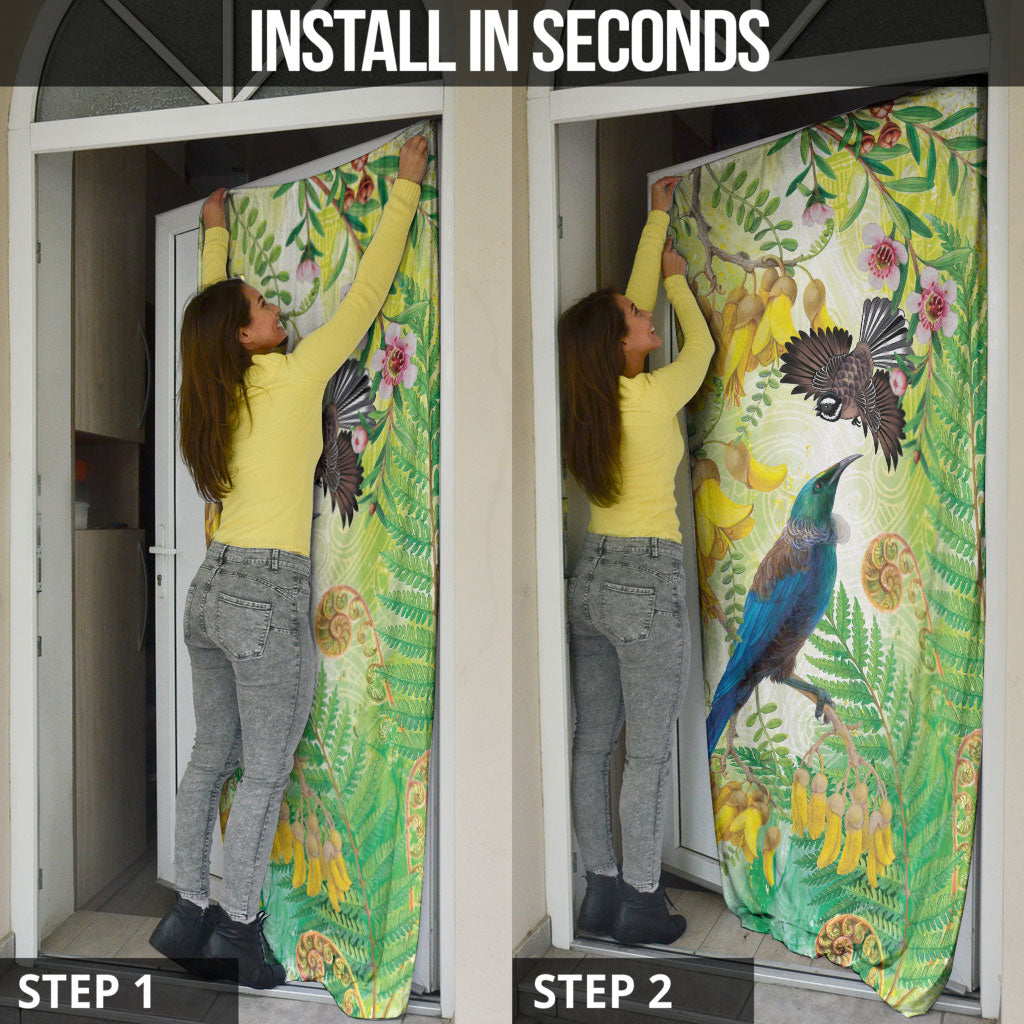New Zealand Maori Mahuru Door Cover Tui With Pikawakawa Spring Colors