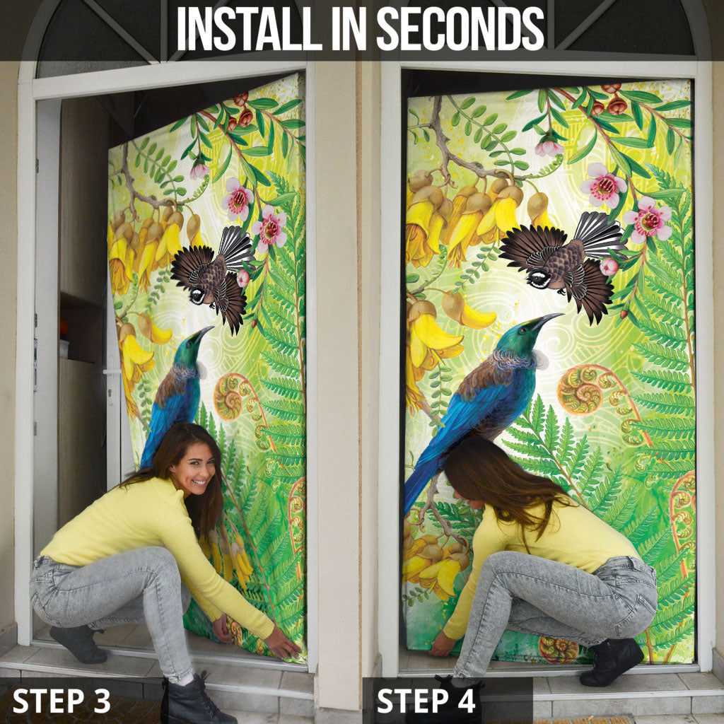 New Zealand Maori Mahuru Door Cover Tui With Pikawakawa Spring Colors