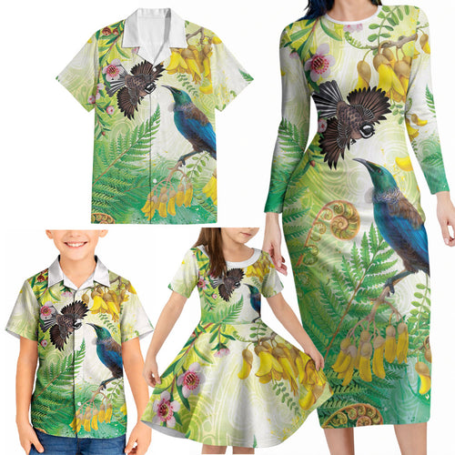 New Zealand Maori Mahuru Family Matching Long Sleeve Bodycon Dress and Hawaiian Shirt Tui With Pikawakawa Spring Colors