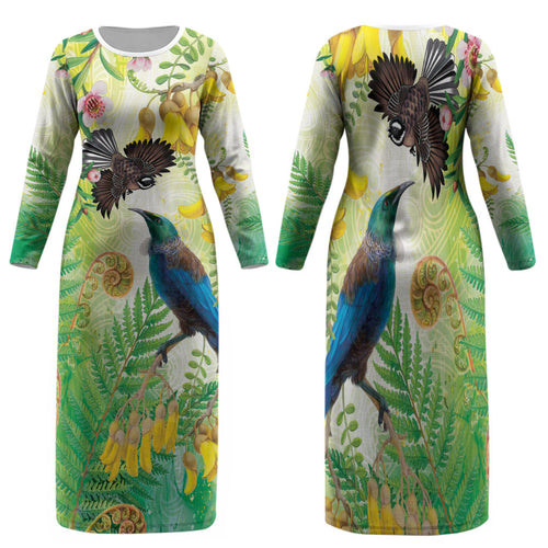 New Zealand Maori Mahuru Family Matching Long Sleeve Bodycon Dress and Hawaiian Shirt Tui With Pikawakawa Spring Colors
